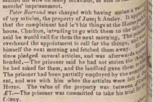 Newspaper report of theft by Peter Cook Barrand – West Kent Guardian Saturday 27th October 1838