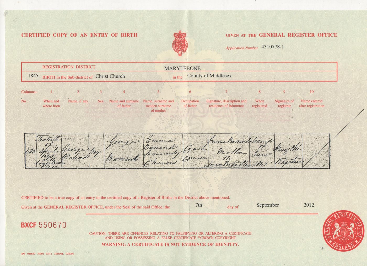 Birth Certificate of George Richard Barrand