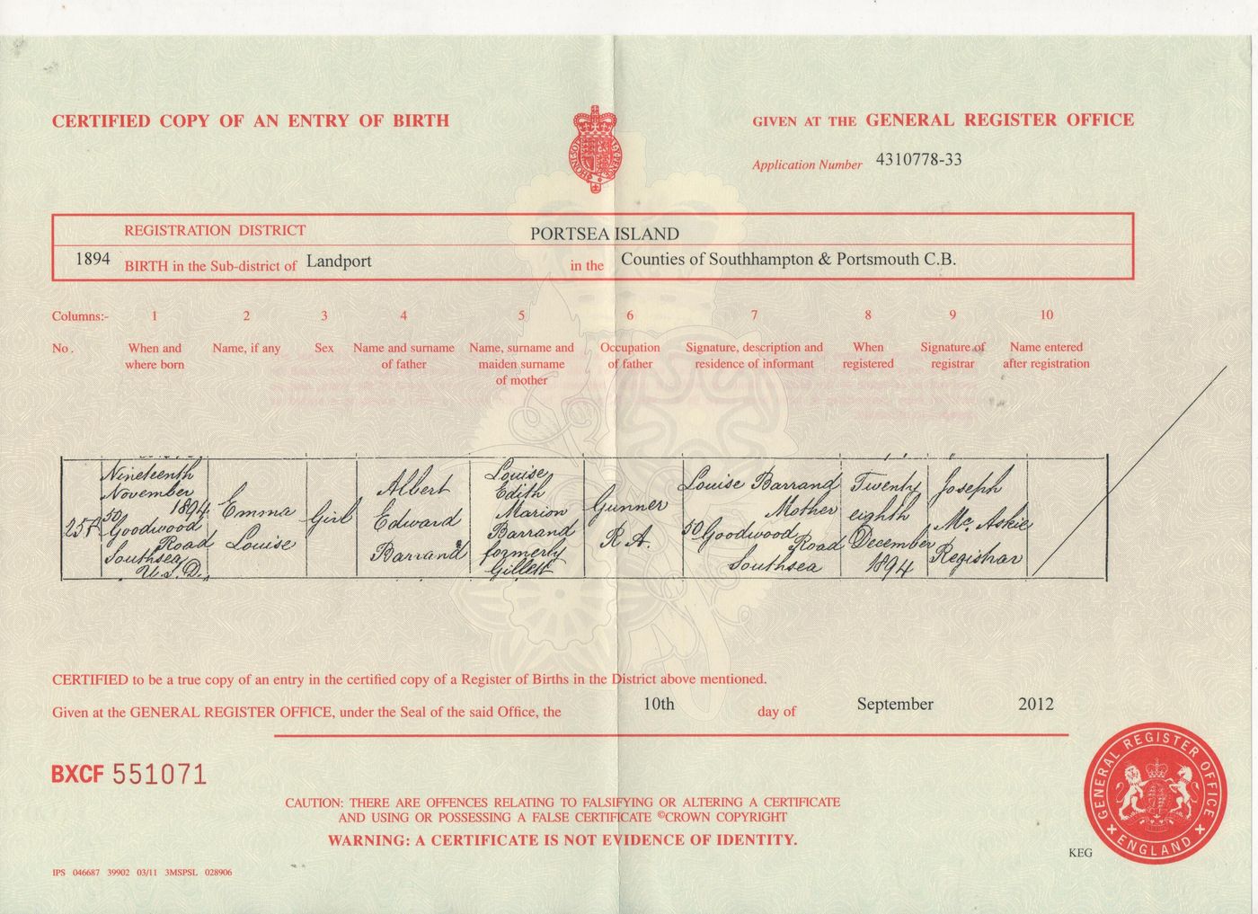 Birth of Emma Louise Barrand 1894