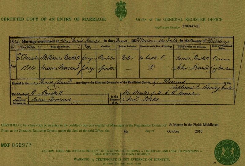 Marriage Certificate Susanna Barrand and William Baskett