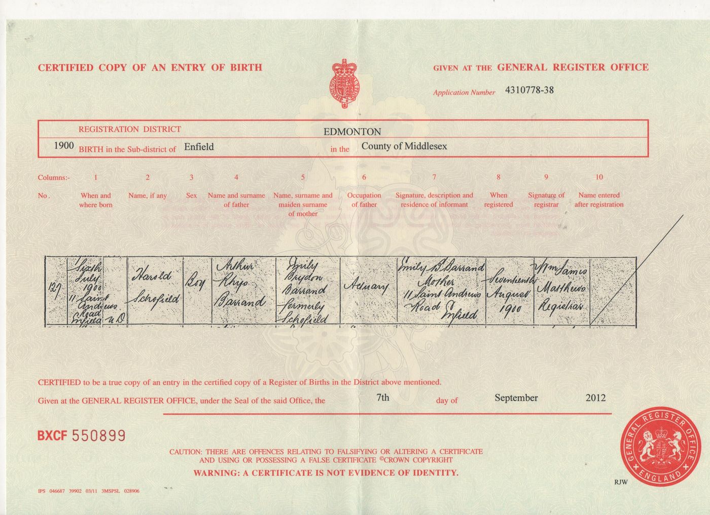 Birth Certificate Harold Schofield Barrand 1900