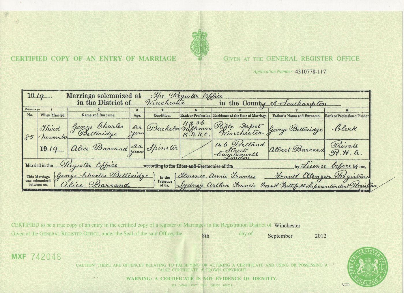 Marriage Certificate Alice Barrand + George Betteridge 1919