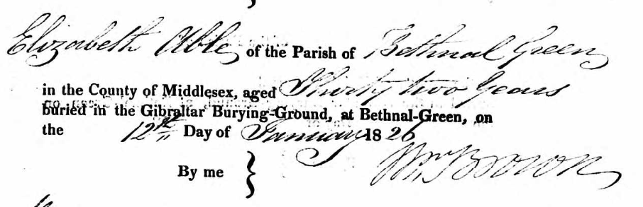 Burial Record of the death of Elizabeth Able 1826