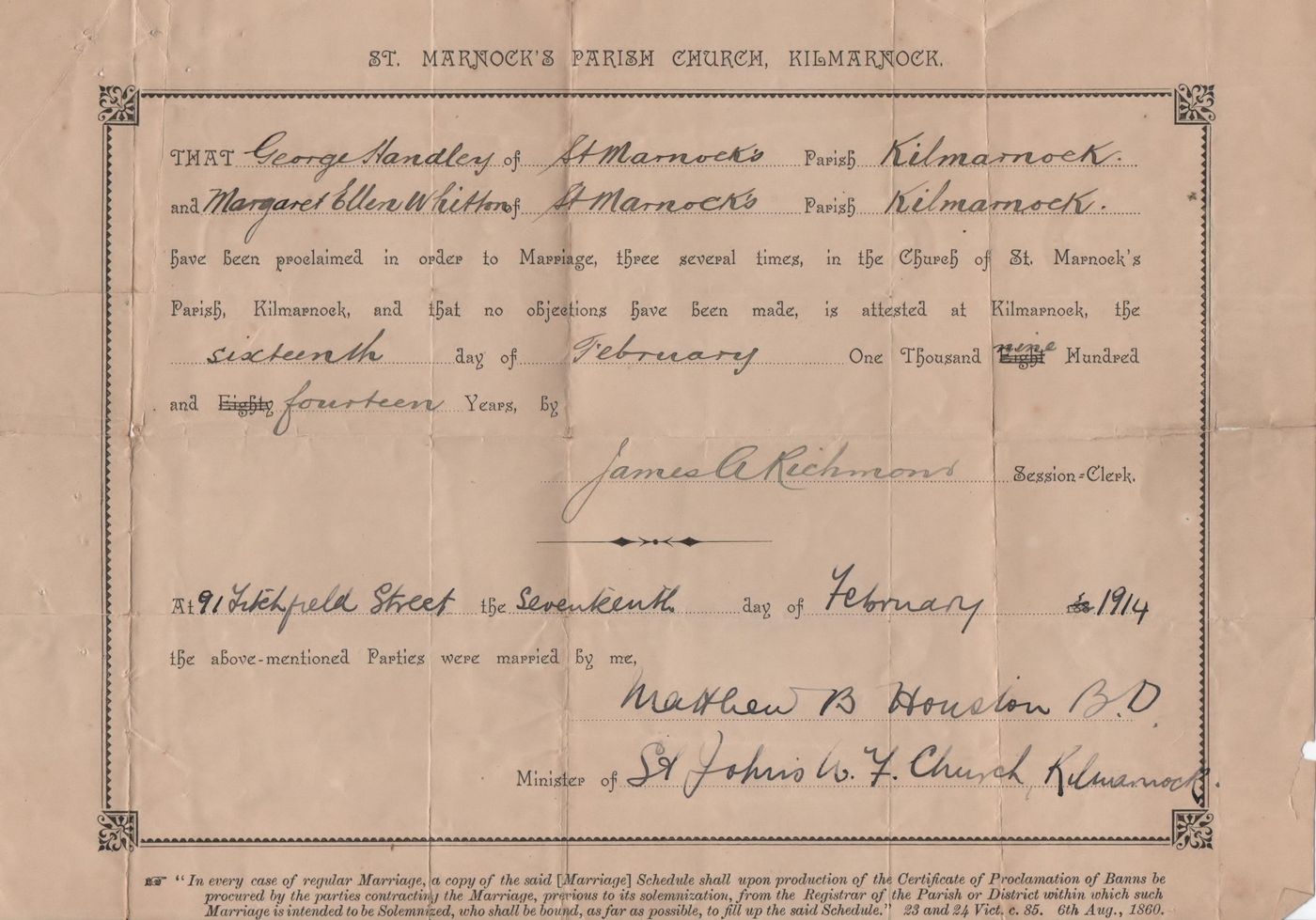 Banns record of marriage – George Handley /Margaret Whitton