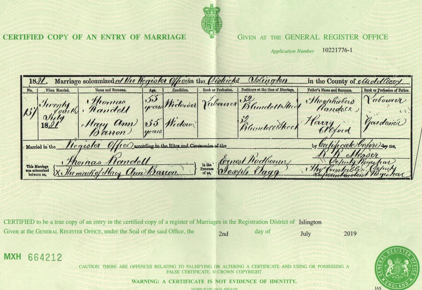 Marriage certificate of Mary Barrand (nee Alford) and Thomas Randell 1881 (Name as Barron)