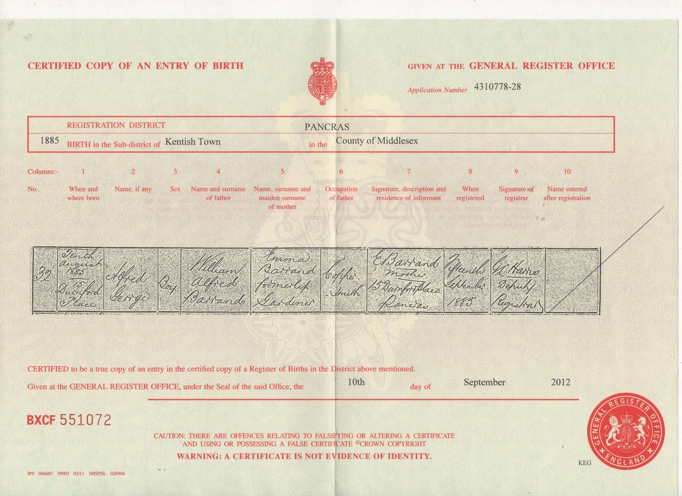 Birth Certificate Alfred George Barrand