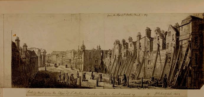 Looking west from the steps of St. Martin’s Church. Duke’s Court shored up 1827