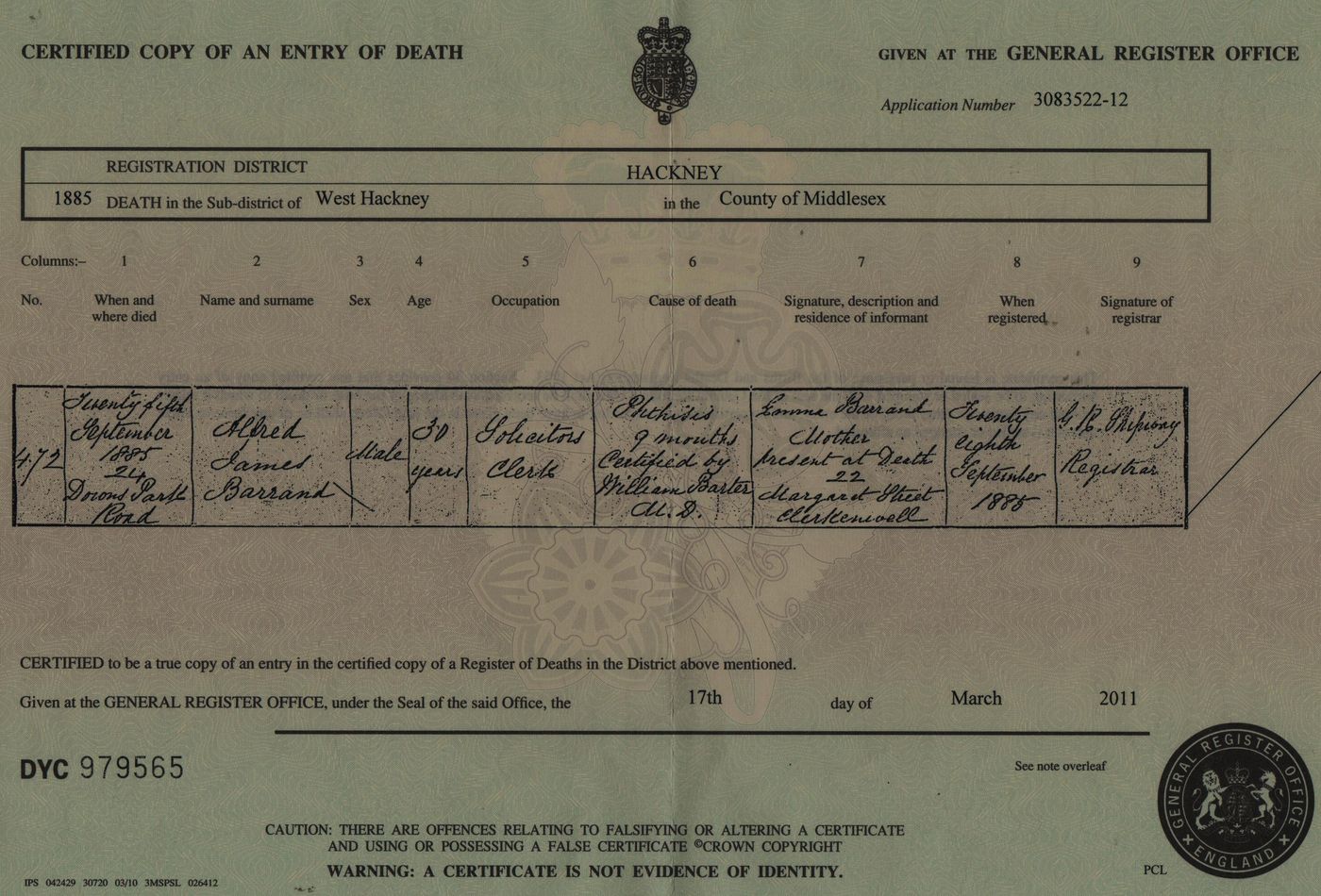 Death Certificate of Alfred James Barrand