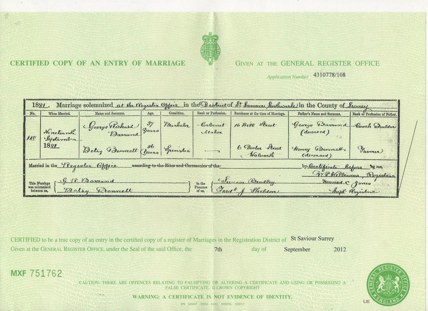 Marriage certificate of George Barrand + Betsy Bennett 1881