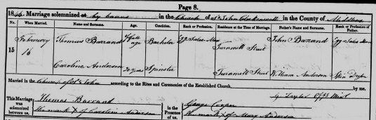 Internet copy of Marriage certificate – Thomas Barrand and Caroline Anderson
