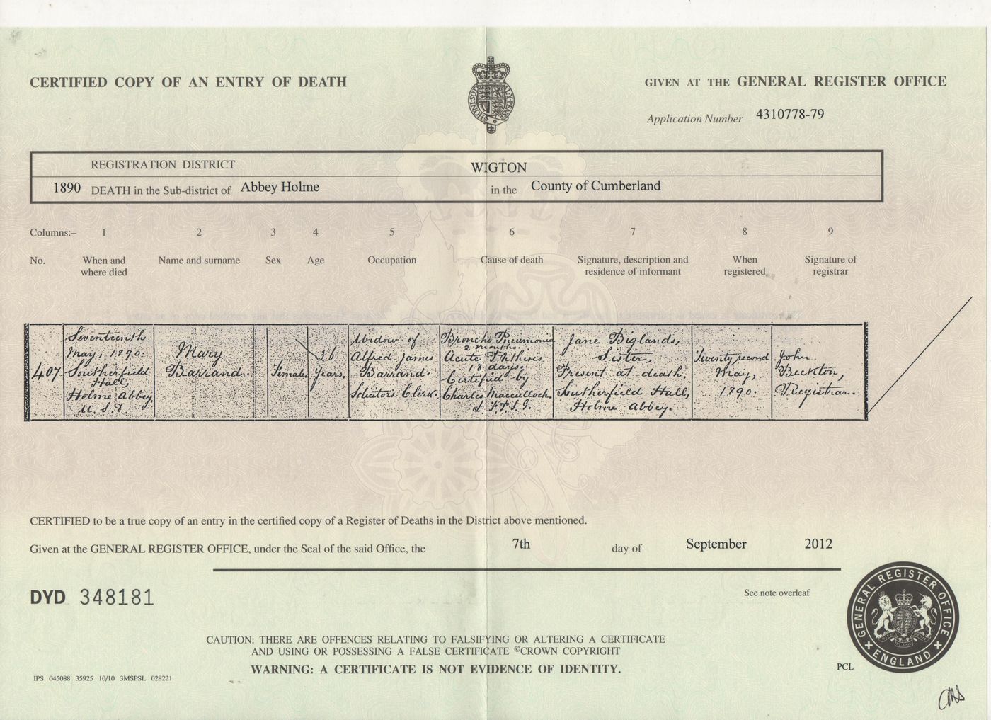 Death Certificate of Mary Barrand (nee Biglands) 1890