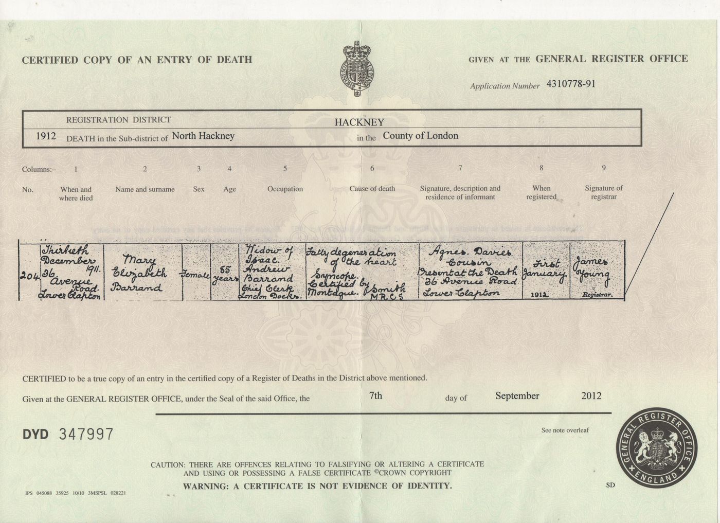 Death Certificate of Mary Elizabeth Barrand (nee Reece)