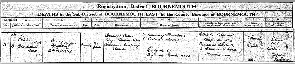 Death Certificate for Emily Brydon Barrand (nee Schofield)