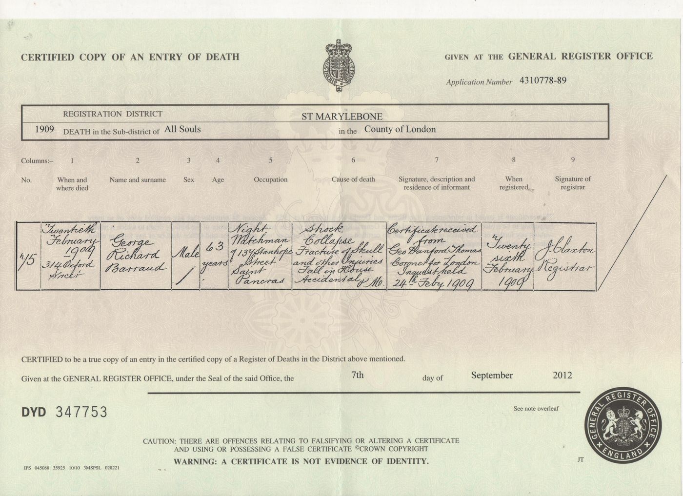Death Certificate of George Richard Barrand 1909