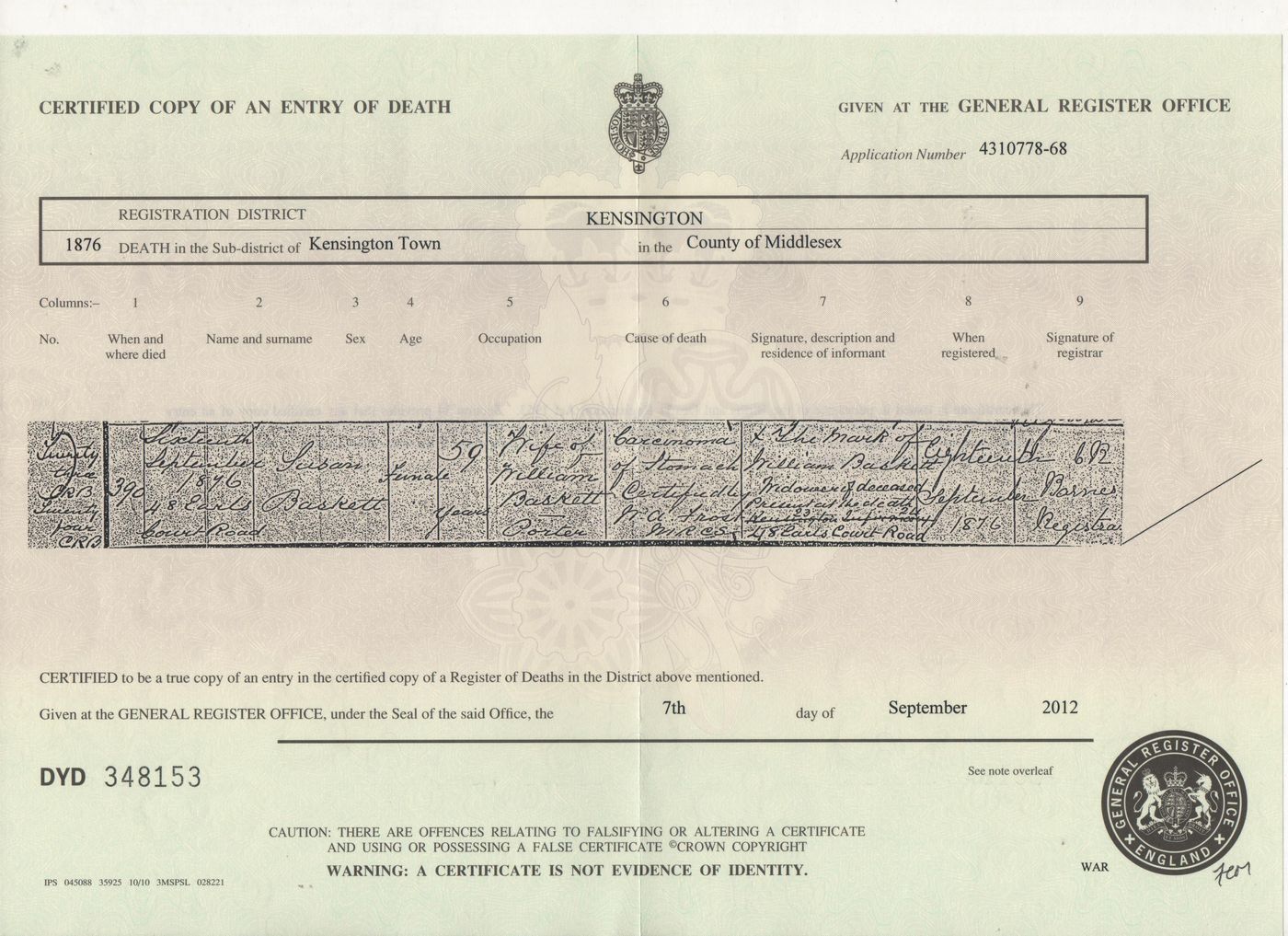 Death certificate of Susan Baskett (nee Barrand)