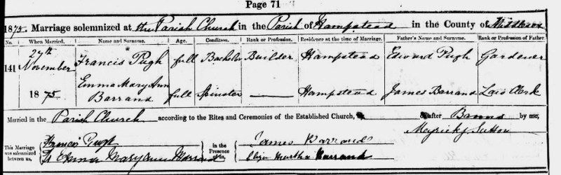 Marriage Emma Mary Ann Barrand and Francis Pugh (Internet)