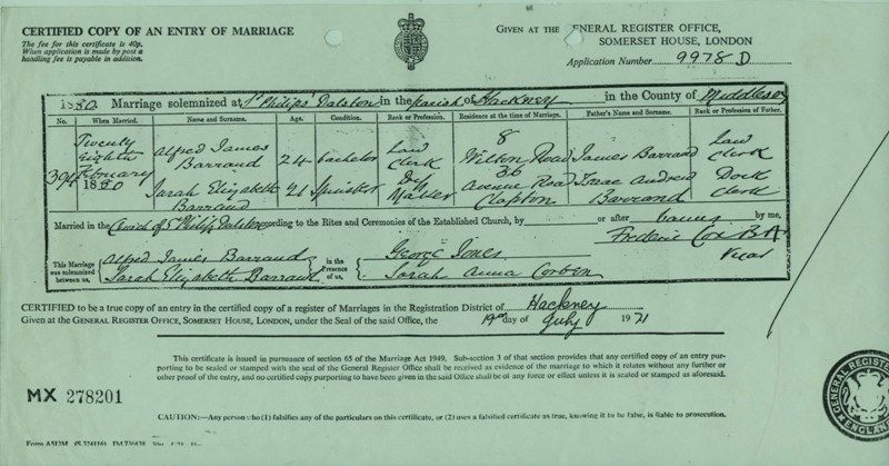 Marriage Certificate of Sarah Elizabeth Barrand and Alfred James Barrand