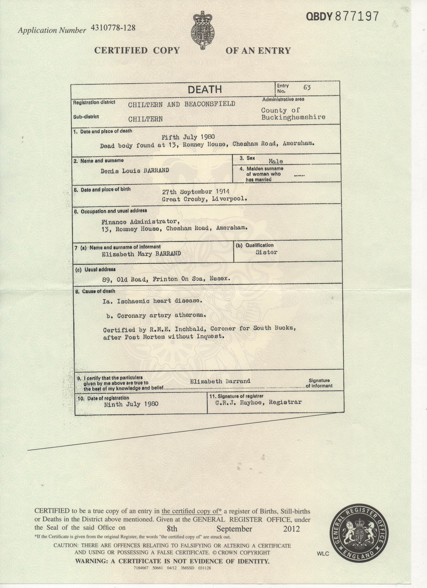 Death Certificate of Denis Louis Barrand 1980