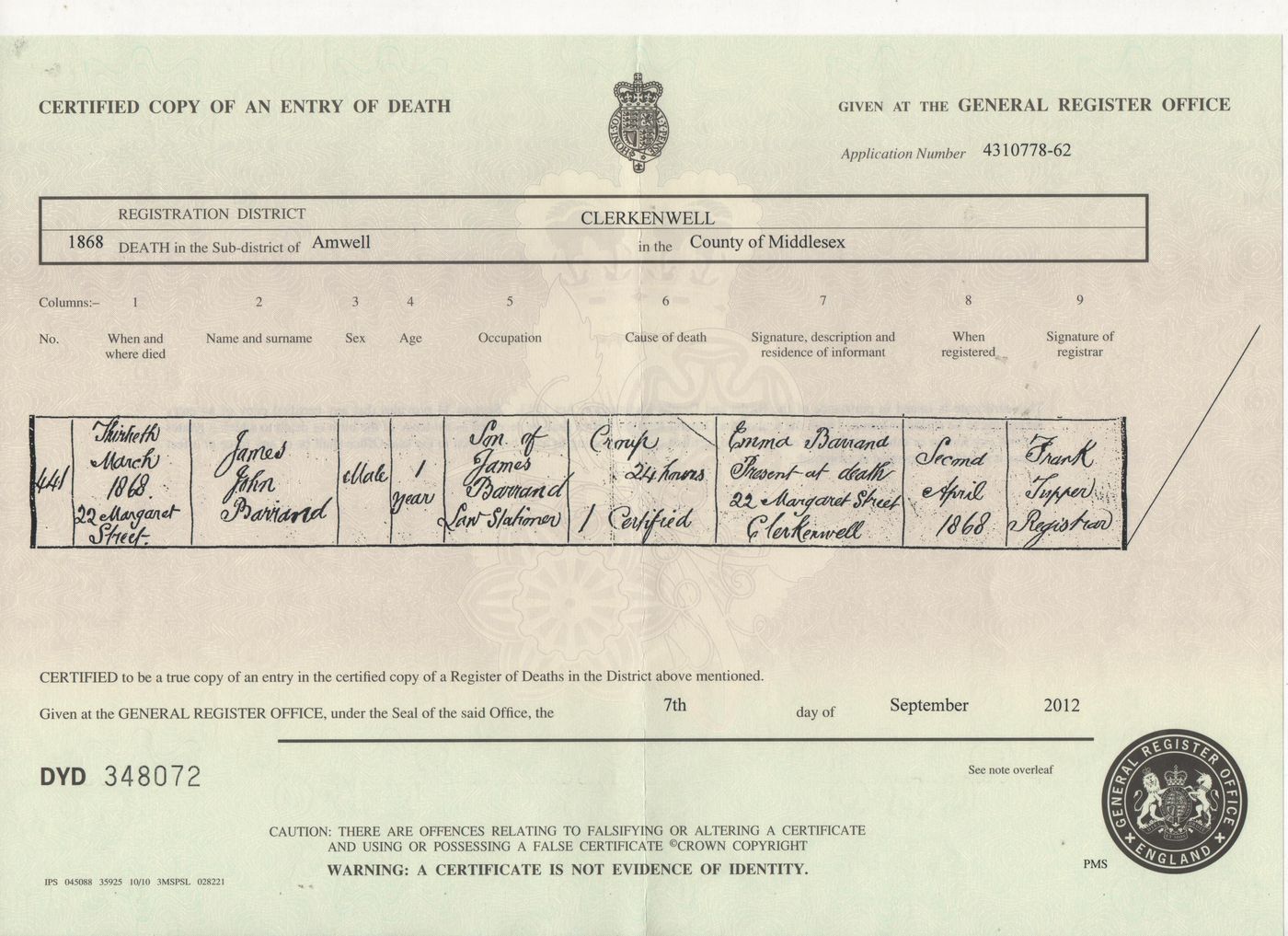 Death Certificate of James John Barrand 1868