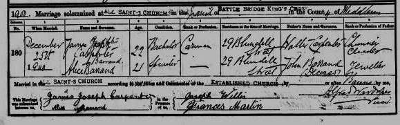 Marriage certificate Alice Barrand and James Joseph Carpenter