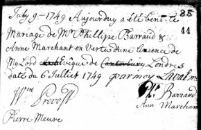 Marriage of Philip Barraud and Anne Marchant 1749
