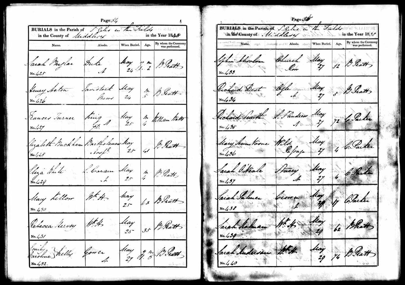 Death record of Sarah Palmer from Crown Street in 1837. (The age cannot be correct at just 17)