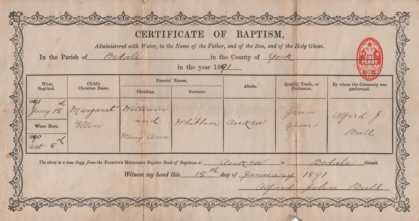 Baptism Record for Margaret Ellen Whitton
