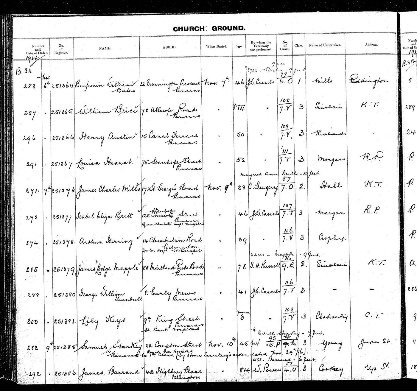 Burial of James Barrand 42, Highbury Place St. Pancras aged 84 - 10/11/1914