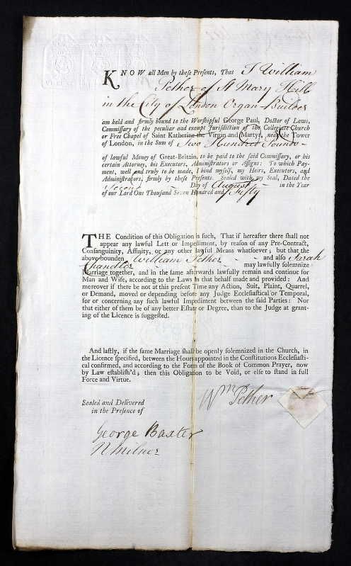 Bond of William Pether's second marriage to Sarah Chandler 2nd August, 1750