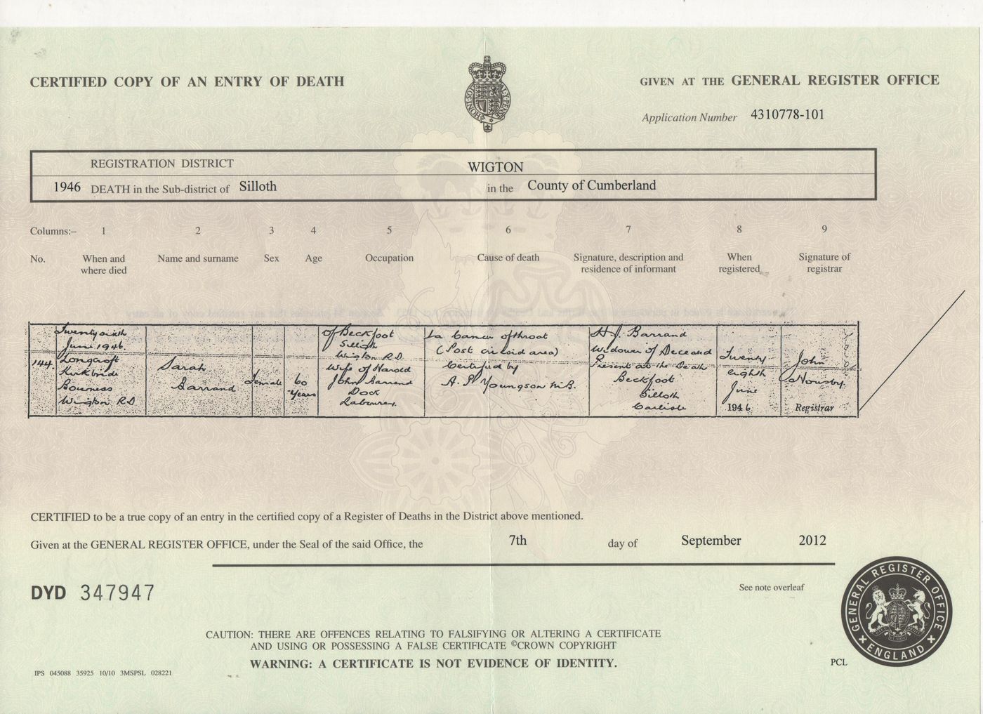 Death Certificate of Sarah Jane Bainbridge 1946