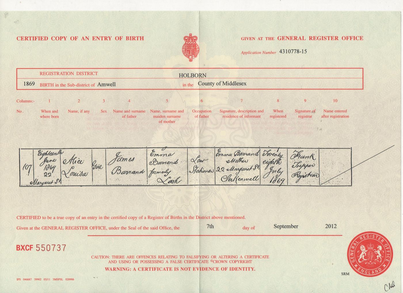 Birth Certificate of Alice Louisa Barrand