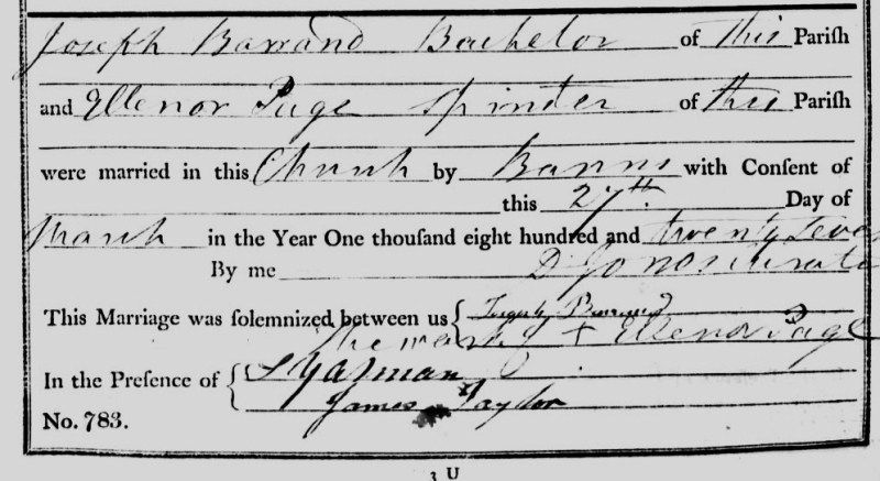 Marriage of Joseph Barrand to Eleanor Page 1827