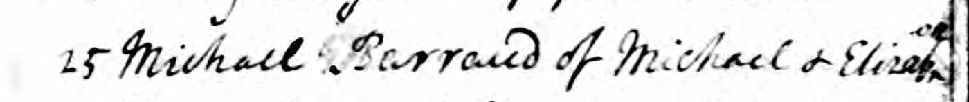 Baptism record of Michael Barraud 25th September, 1768