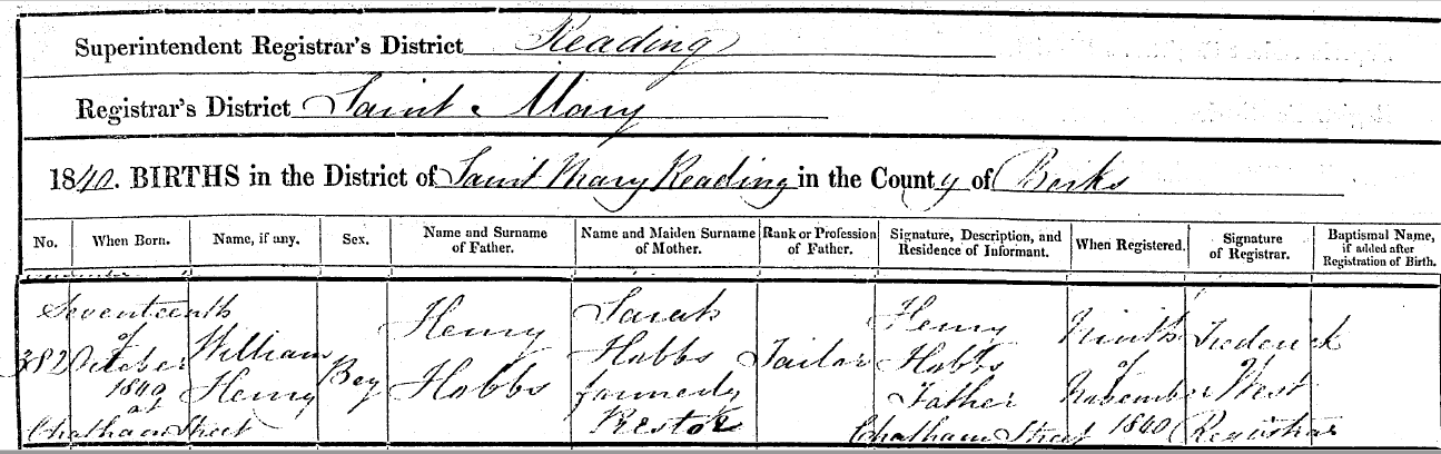 Birth Certificate William Henry Hobbs