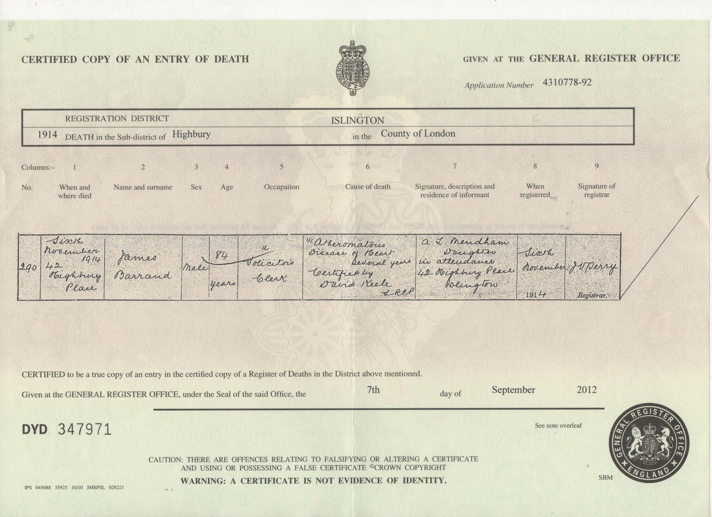 Death Certificate of James Barrand 1914
