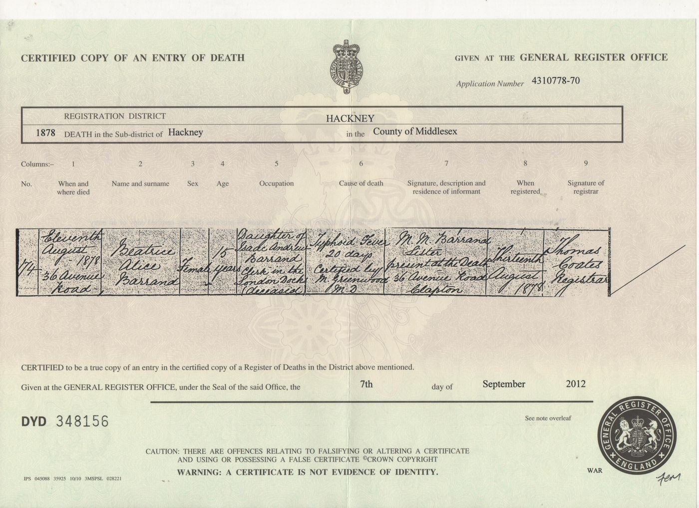 Death Certificate of Beatrice Alice Barrand 1878