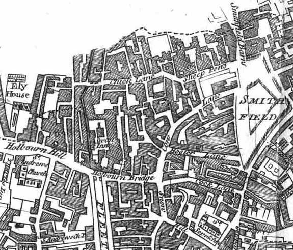 Map of 1760 showing St. Andrews Church Shoe Lane, Turnagain Lane, Chick Lane, and St. Sephultre's Church