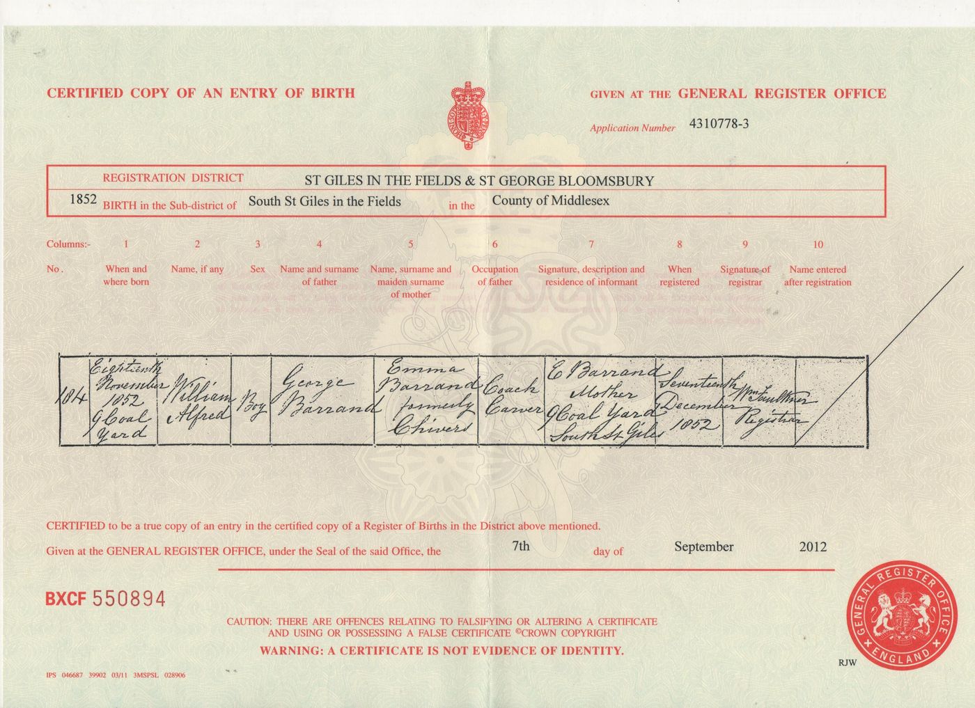 Birth Certificate William Alfred Barrand