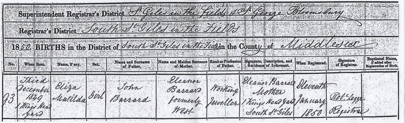 Birth Certificate Eliza Matilda Barrand