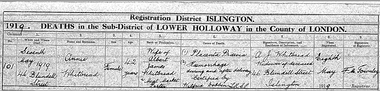 Death certificate of Annie Whitbread (nee Barrand)