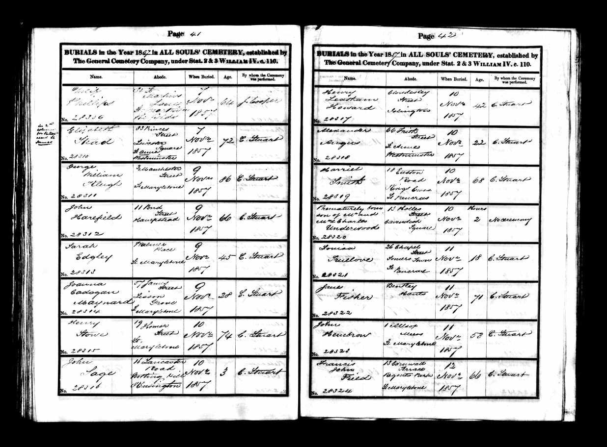 Burial of Elizabeth Stead 1857 – address 33 Princes Street – St Anne’s, Westminster aged 72 (b 1785)