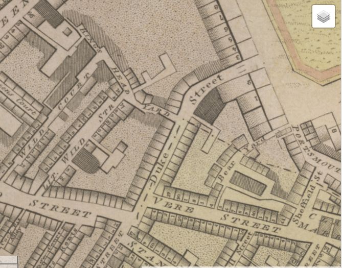 Map showing Kings Head Yard St. Giles The Barrands lived at No: 1.