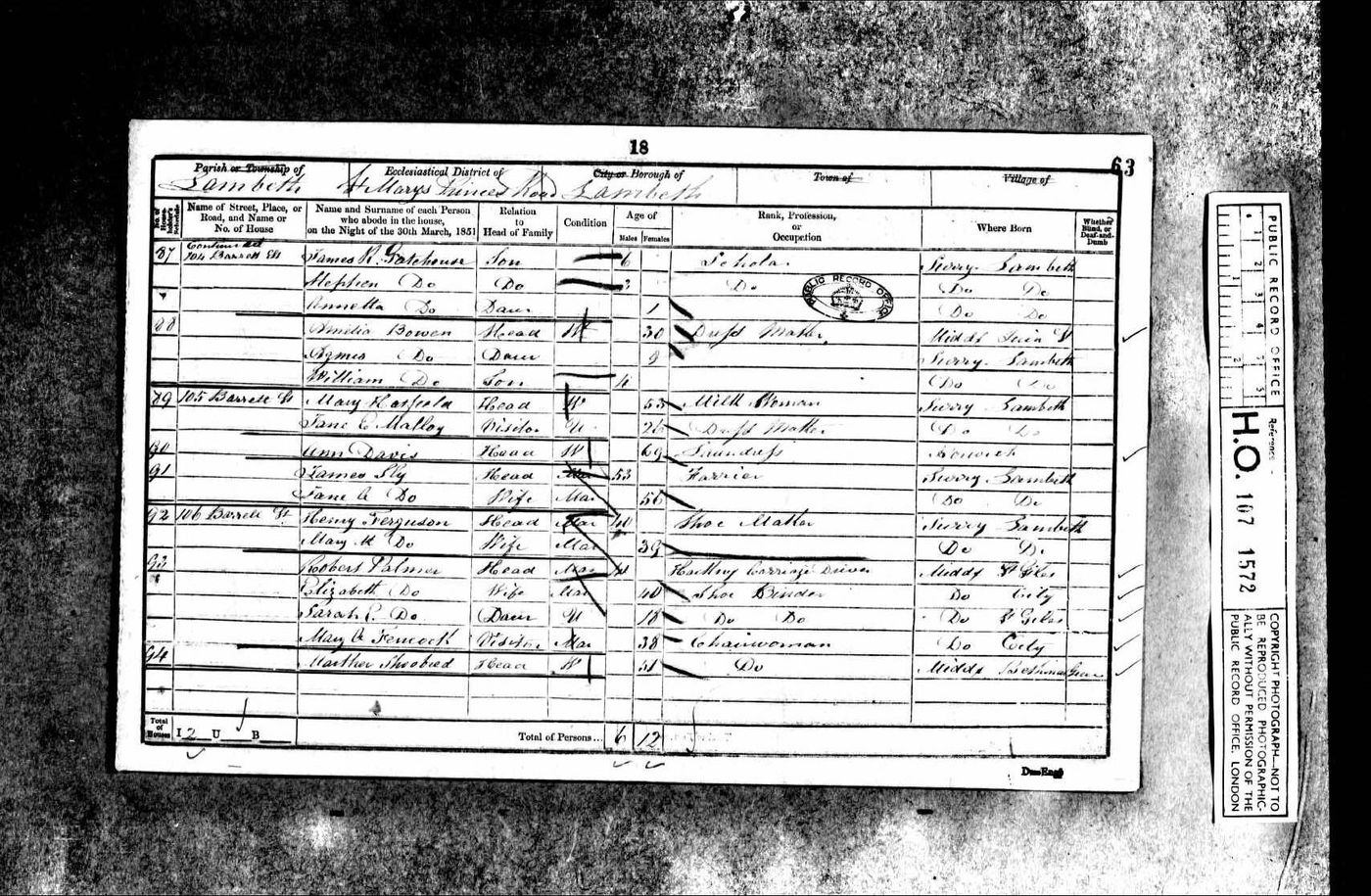 1851 Census, living with sister, Elizabeth Palmer in Barrett Street, off Princes Road, Lambeth.