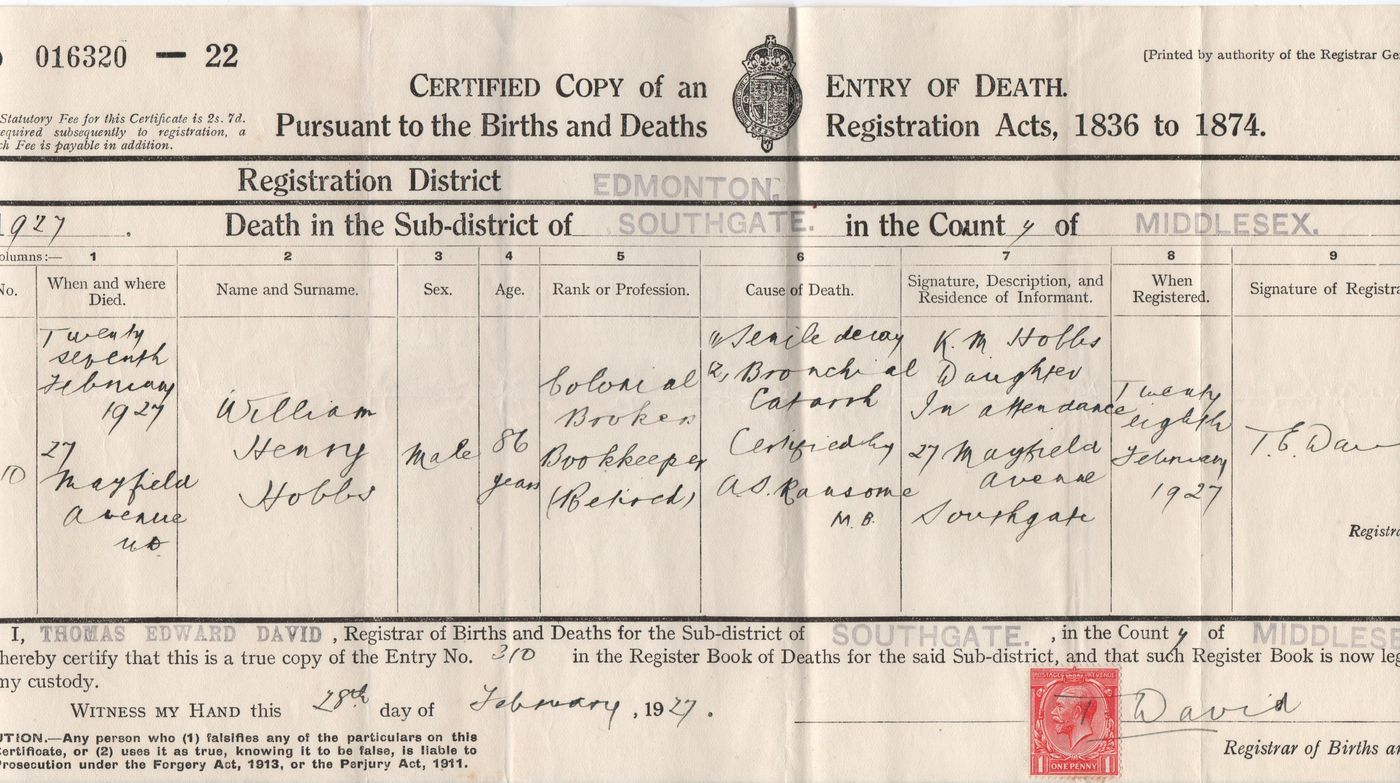 Death Certificate – William Henry Hobbs 1927
