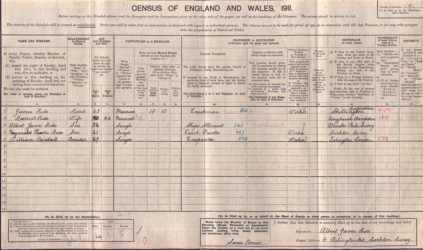 1911 census – William Rendall living in Surbiton