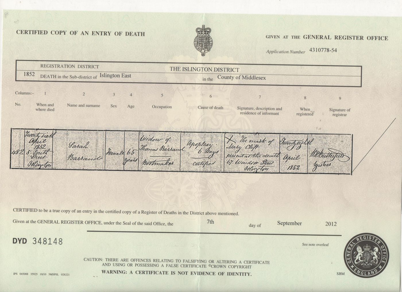1852 Death Certificate Sarah Barrand
