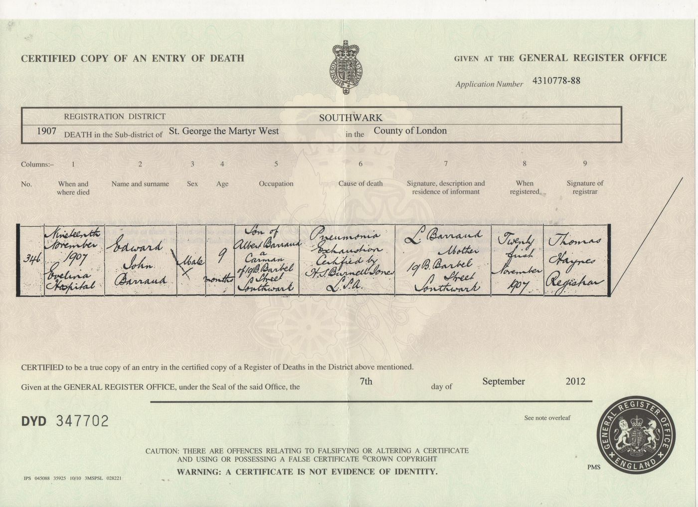 Death Certificate of Edward John Barrand 1907