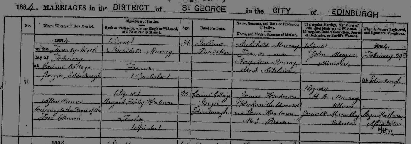 Marriage Certificate 1884 – Archibald Murray and Margaret Fairly Murray (nee Henderson)