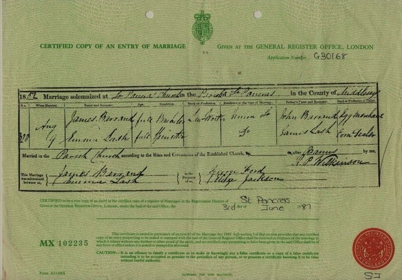 Marriage Certificate James Barrand and Emma Lash