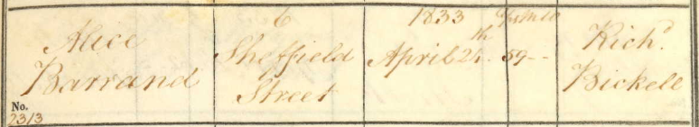 Parish record of the burial of Alice Barrand